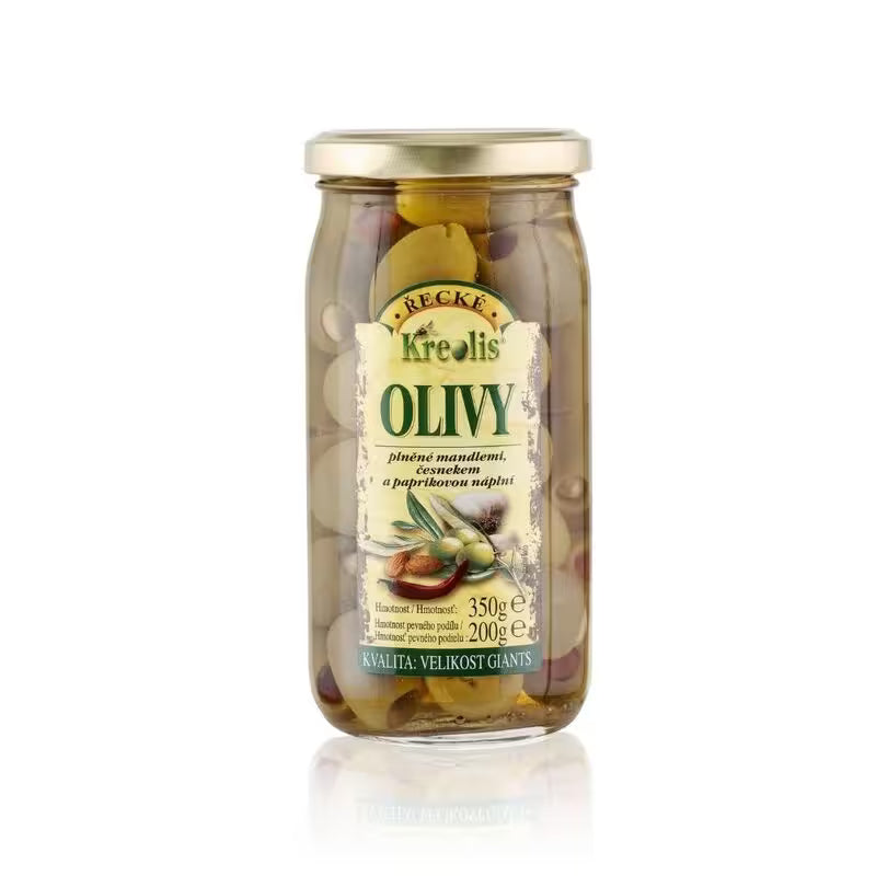Olivy zelené plnené mix mandľa, cesnak, chilli 350g Kreolis