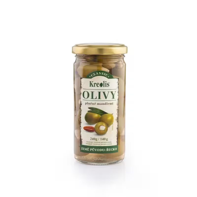 Olivy zelené plnené mandľou 240g Kreolis
