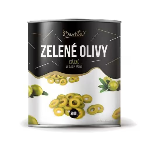 Olivy zelené krájané plech 3000g Bassta