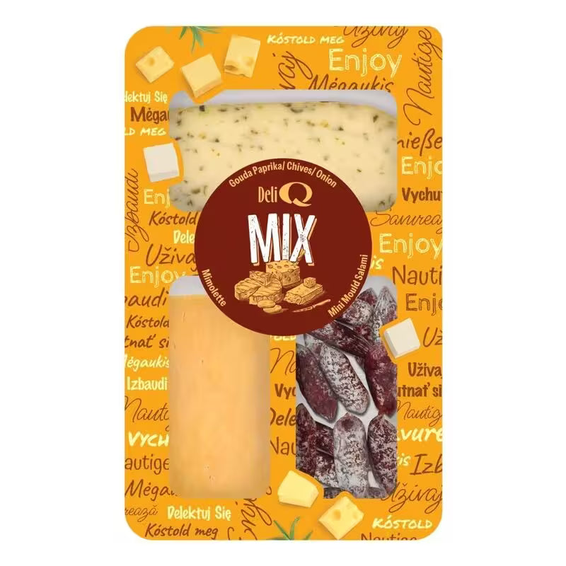 Syrový mix Gouda paprika, pažítka, cibuľa, Mimolette, Plesnivá saláma 200g Deli Q